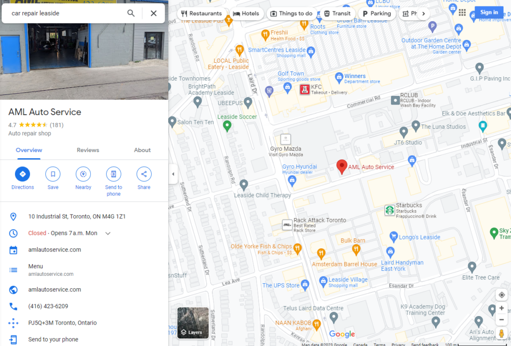 google maps location screenshot of AML Auto Leaside